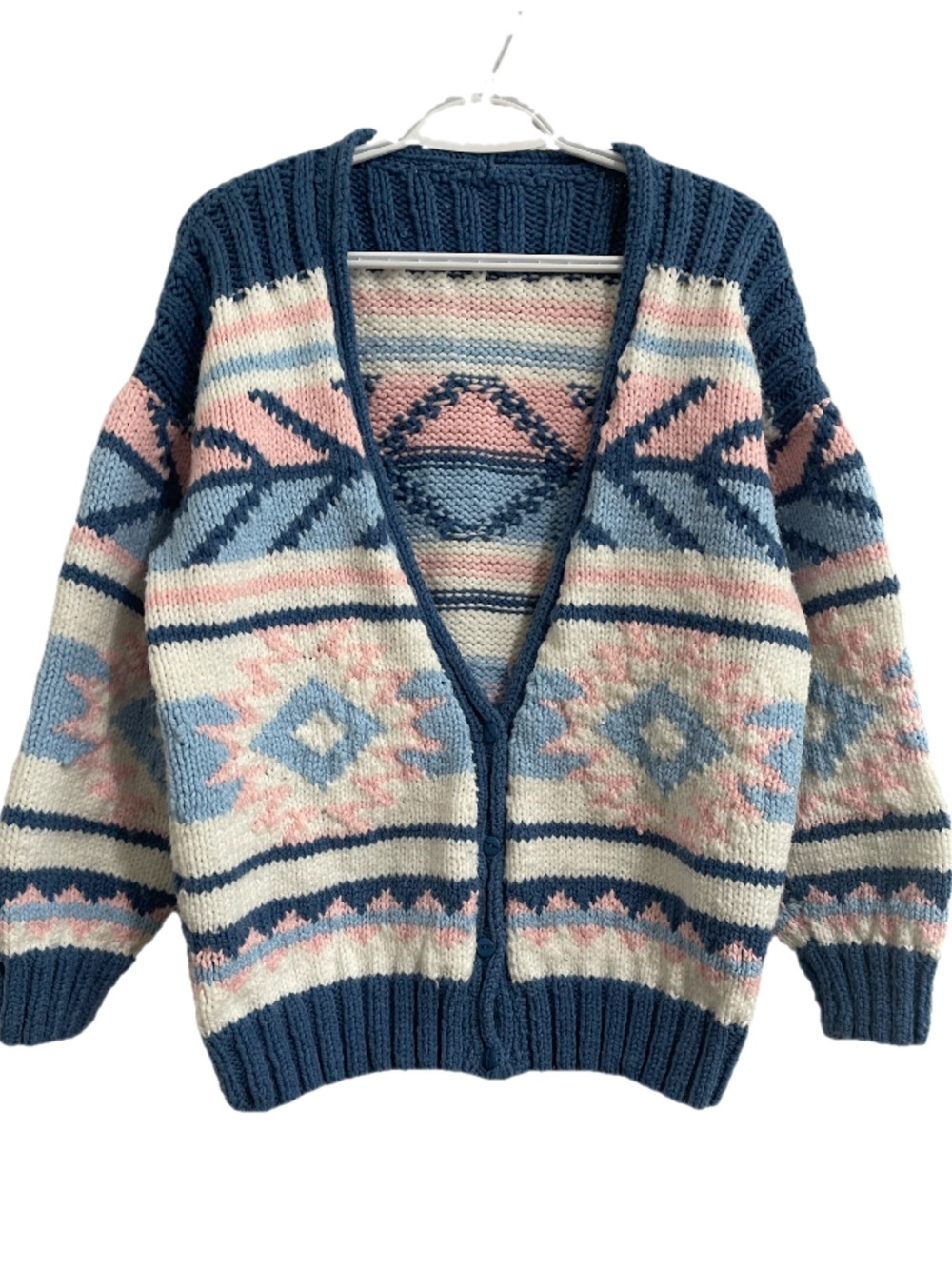 Hand Knitted V-Neck Fair Isle Knit Cardigan Sweater - Navy, Light Blue & Pink